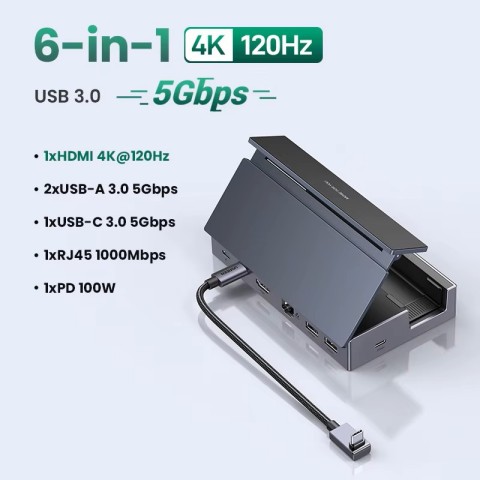 Док-Станція Ugreen Steam Deck Docking Station 6-in-1 (4K@120Hz, PD 100W) Black