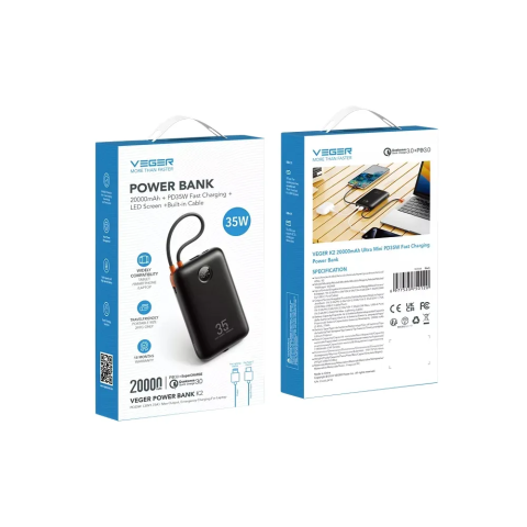 Внешний аккумулятор Veger K2 20000 mAh 35W Type C / Lightning PD QC3.0 Black